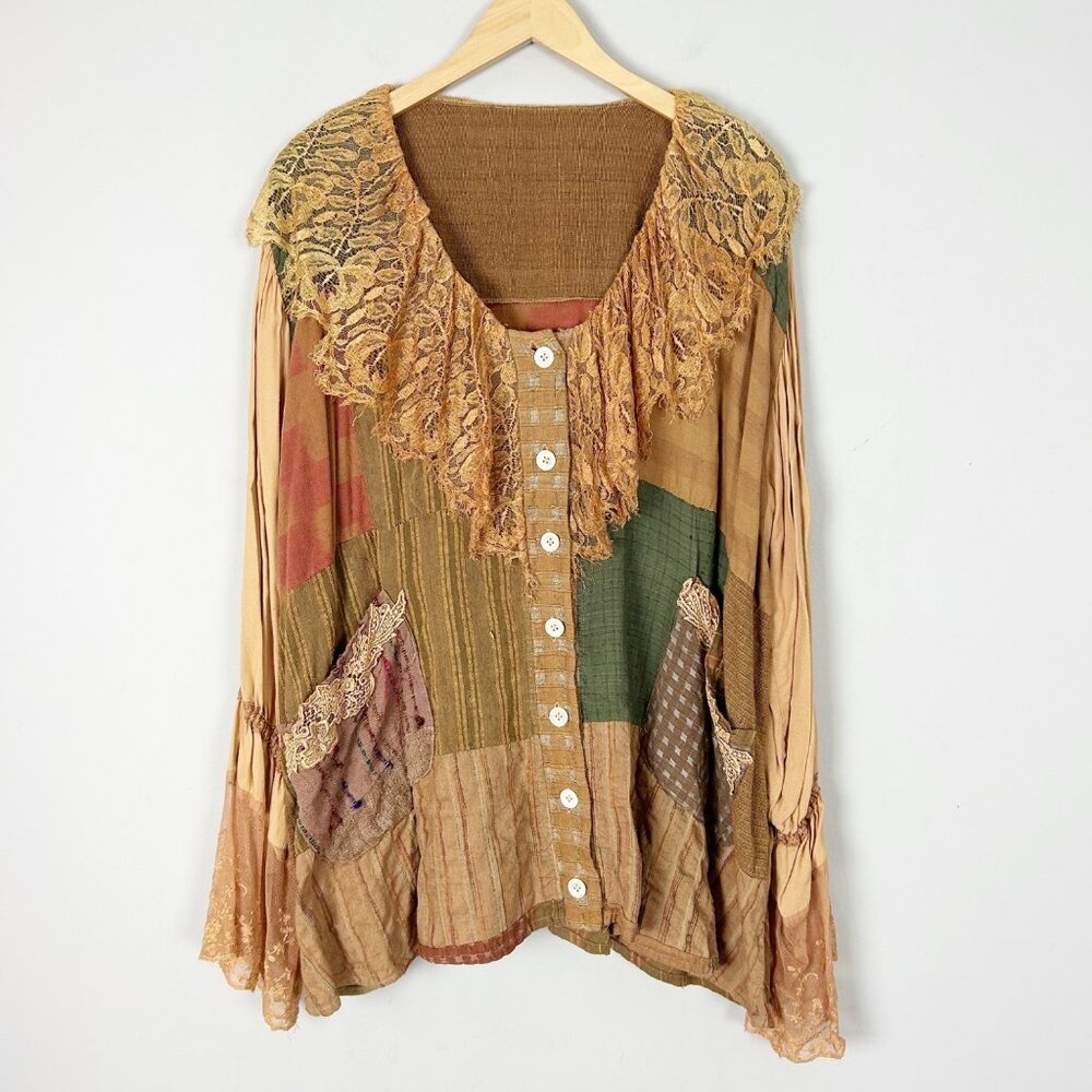 Vintage Grau Patchwork Button Front Top Lagenlook… - image 1